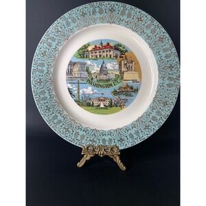 Vintage Washington DC Souvenir Plate Gold Filigree Turquoise Blue Rim 10 Inch